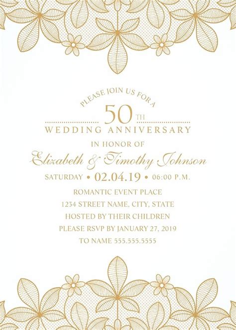 5 x 7 (portrait) or 7 x 5 (landscape) standard white envelope included add photos and text to both sides of this flat card at no extra charge two printing options available. Golden Lace 50th Wedding Anniversary Invitations - Elegant ...