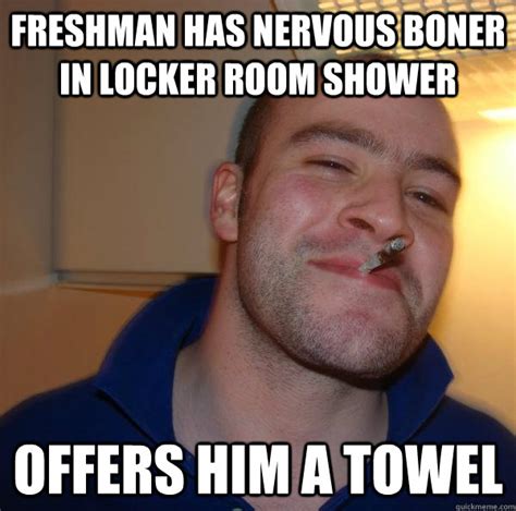 Freshman Has Nervous Boner In Locker Room Shower Offers Him A Towel