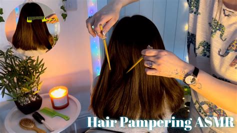 💙 asmr ~ real person hair pampering with brushing combing playing and parting with spa music 💙