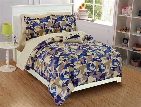 Fancy Linen Collection 6 Pc Twin Size Camouflage Blue Beige Kids Teens