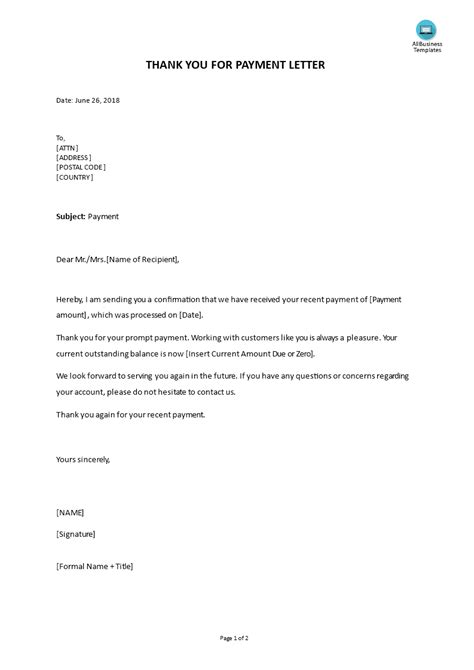 Sample Letter Confirming Payment Received The Document Template