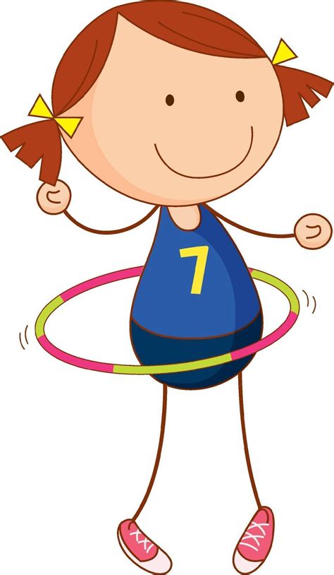 Cute Girl Playing Hula Hoop Cartoon Character In Hand Drawn Doodle