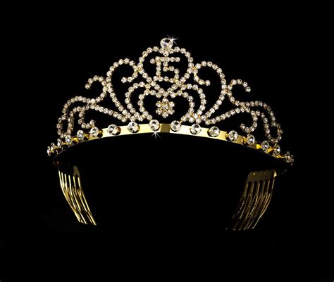 Gold Plated And Rhinestone Encrusted Quinceanera Sweet 15 Tiara