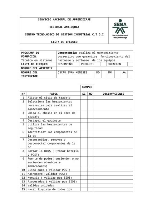 Docx Lista De Chequeo Mantenimiento Correctivo Dokumentips