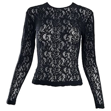 1990s Calvin Klein Black Lace Vintage Bodycon Sexy 90s Crop Top Blouse For Sale At 1stdibs