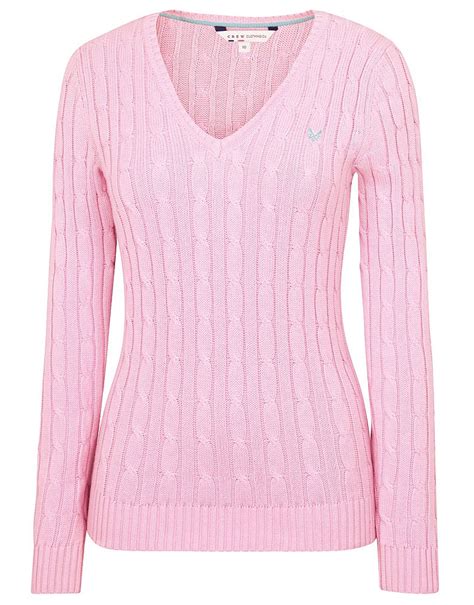 women s crew cable v neck jumper in classic pink from crew clothing