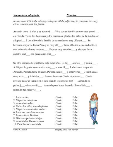 Spanish Adjective Agreement Story With Gap Fill Version Adjectivos