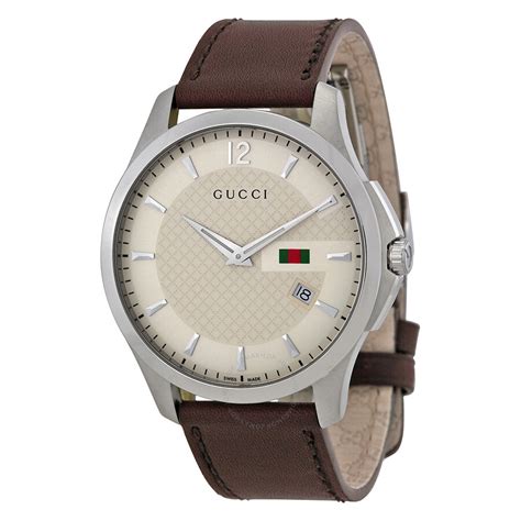 Gucci G Timeless Ivory Dial Brown Leather Strap Mens