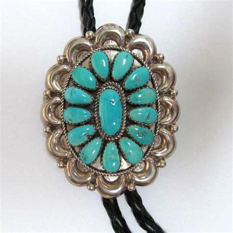 Vintage Navajo Turquoise Cluster Bolo Tie Of Sterling Silver Signed By