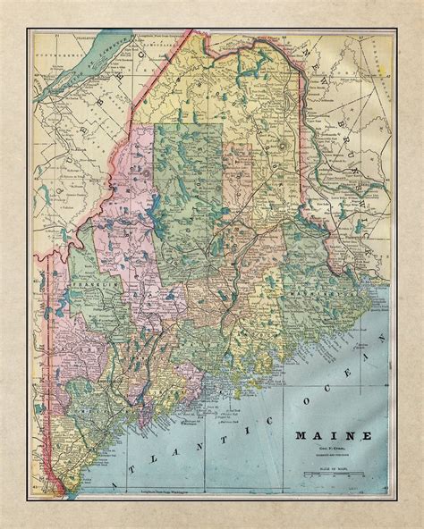 Instant Download Antique Map Of The State Of Maine The Pine Tree State