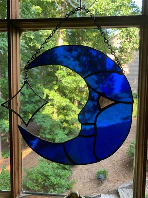 Blue Cresent Moon Stained Glass Suncatcher Etsy