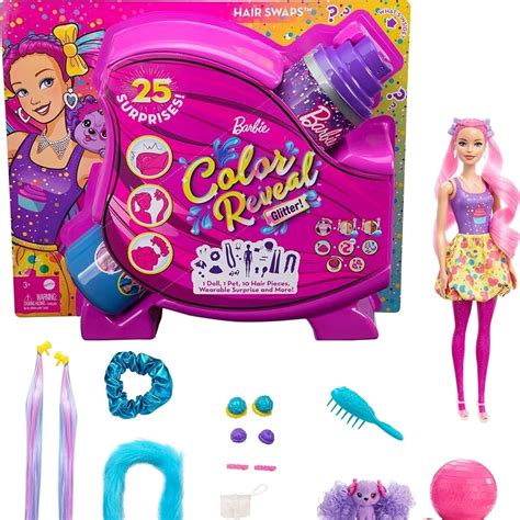 Barbie Color Reveal Glitter Hair Swaps Doll Glittery Pink