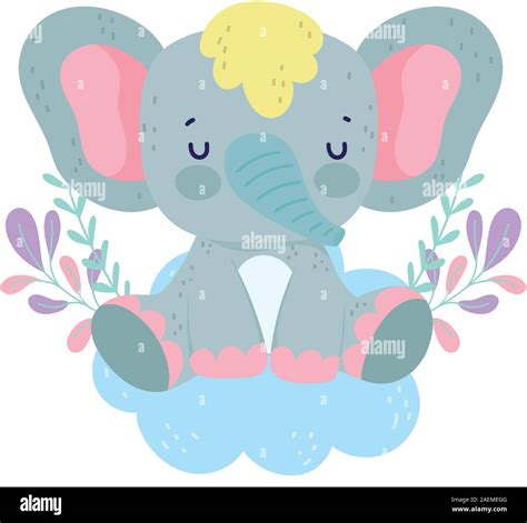 Baby Shower Lindo Elefante Sentado Sobre La Nube Follaje Ilustración