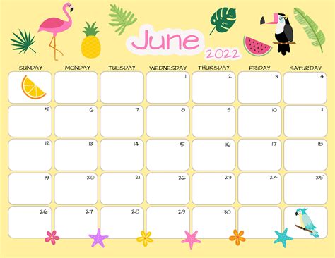 June Calendar June 2022 Printable Calendar Tropical Summer Etsy Ireland