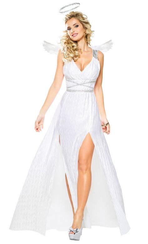 become a goddess angel in this women s glamorous silver and white angel fancy dress costume by