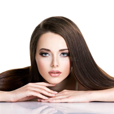 Portrait Of Beautiful Young Woman With Long Straight Brown Hair Stock