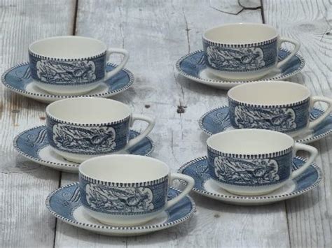 Vintage Blue And White Currier And Ives Royal China Cups And Saucers Set Of 6