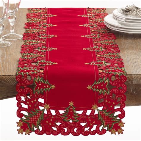 Saro Lifestyle Nostalgic Holiday Christmas Tree Table Runner - Red 16