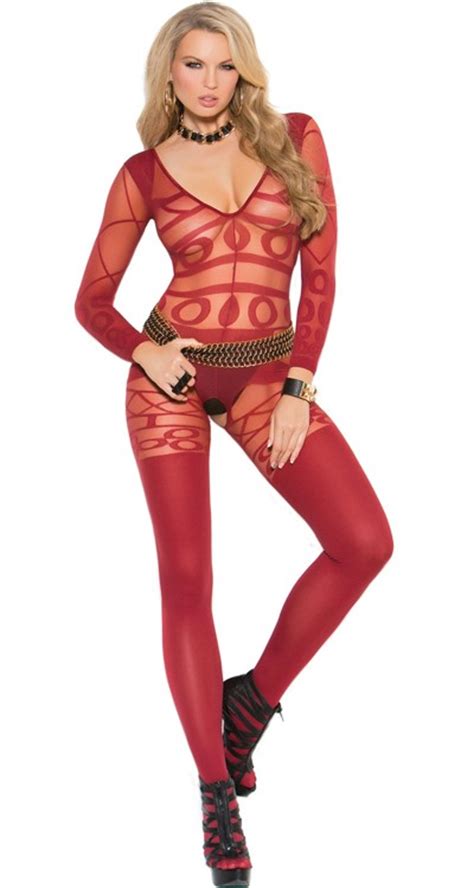 Bodystocking Avenue Long Sleeved Sheer And Opaque Patterned Bodystocking