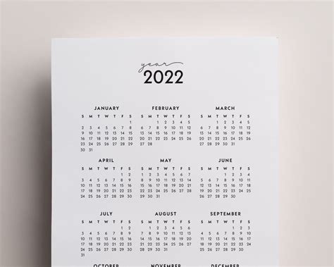 2022 Year Calendar Yearly Printable 1 Year Calendar At A Glance Ten