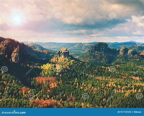 Autumnal Sunrise In A Beautiful Mountain Sandstone Peaks Increased