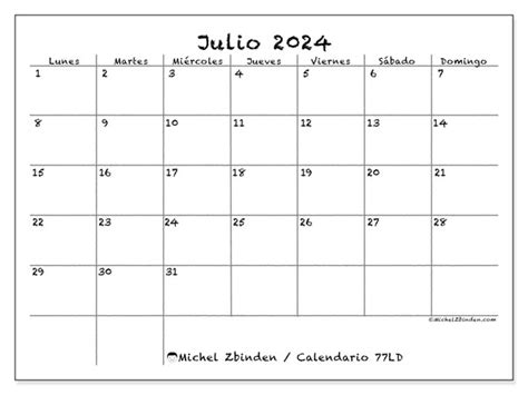 Calendario Julio 2024 77ld Michel Zbinden Us