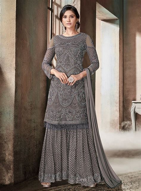 Grey Glam Multi Embroidered Flared Gharara Suit Designer Dresses Indian Party Wear Dresses