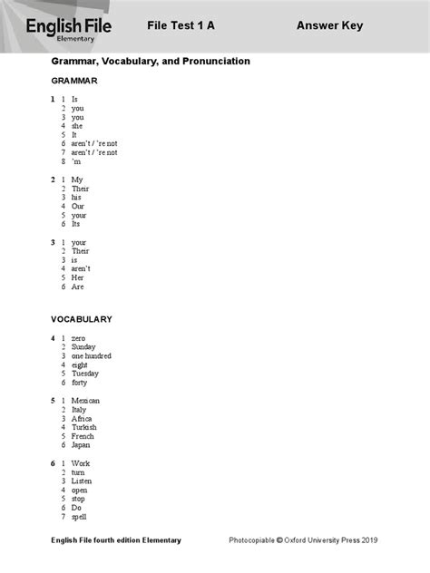 File Test 1 A Answer Key Grammar Vocabulary And Pronunciation Pdf