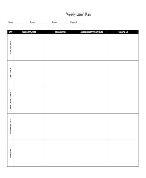Weekly Lesson Plan Template Word