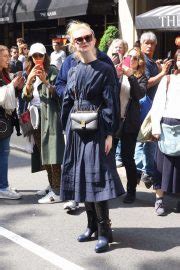 Elle Fanning In A Long Sleeved Navy Blue Dress Out In Nyc Gotceleb