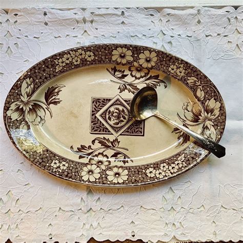 Antique Brown Transferware Platter Oval Serving Plate Made Etsy