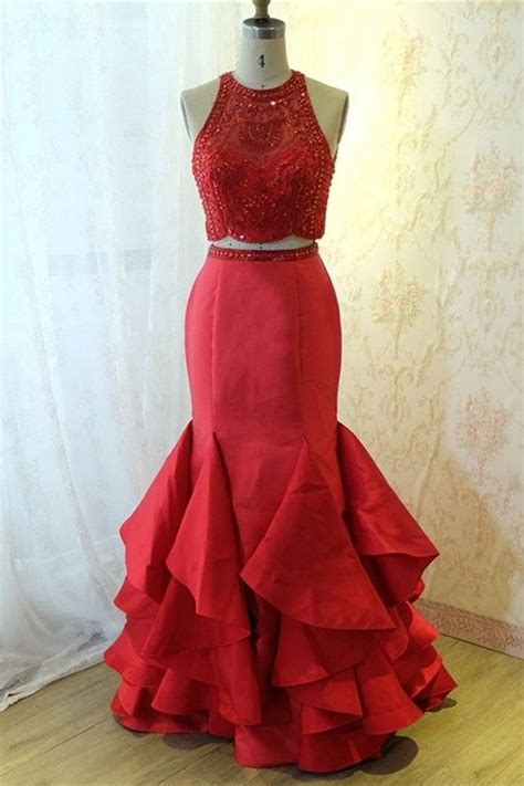 Gorgeous Long Mermaid Beaded Two Pieces Prom Evening Dress With Open