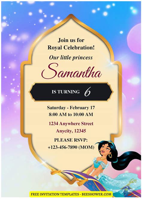 Free Editable Pdf Shimmering Princess Jasmine Baby Shower Invitation