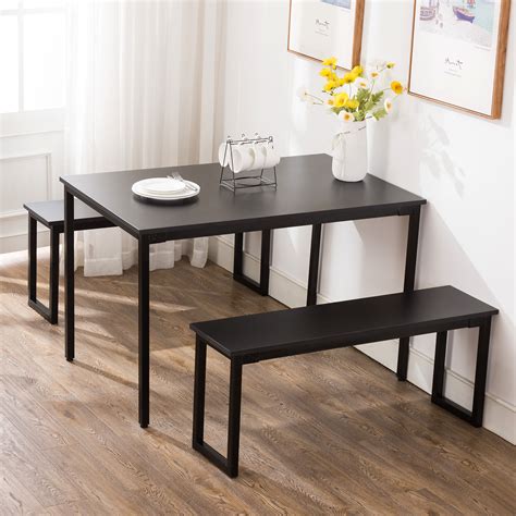 3pc Black Dining Set Breakfast Nook Table And 2 Benches Rectangular