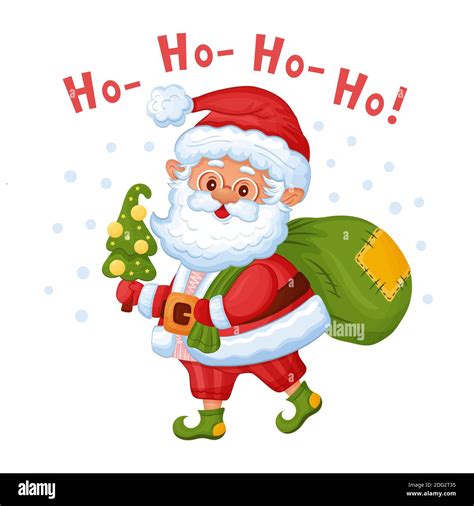 Funny Cartoon Santa Claus Happy Character With Christmas Tree And Bag