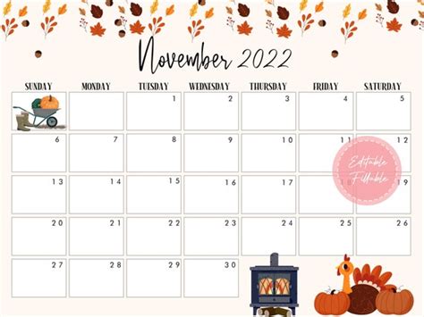 Editable November 2022 Calendar Printable Calendar Etsy Australia