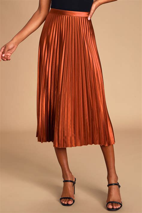 Chic Rust Brown Satin Skirt Midi Pleated Skirt Satin Skirt Lulus