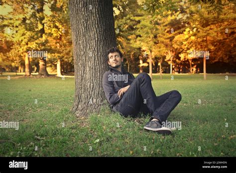 Young Man Sitting Under Tree Stock Photo Alamy