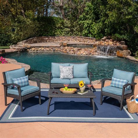 Noble House 4 Piece Wicker Patio Seating Set With Teal