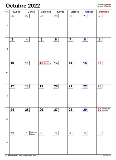 Calendario Octubre En Word Excel Y Pdf Calendarpedia Riset