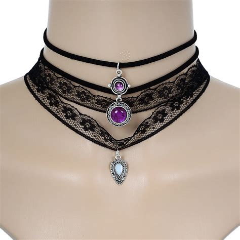 Gothic Sexy Black Velvet Wide Lace Multilayer Choker Necklace Vintage Punk Purple Crystal Opal