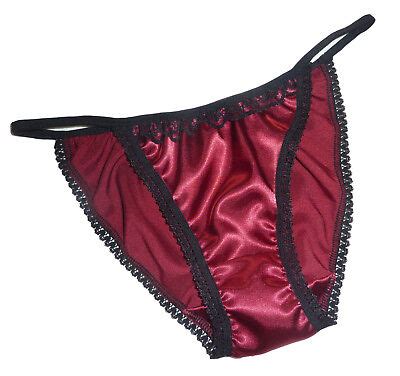 Burgundy Shiny Satin Panties Mini Tanga String Bikini Black Lace Made