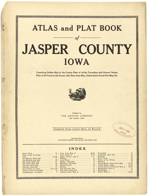 Atlas And Plat Book Of Jasper County Iowa Containing Outline Map Of
