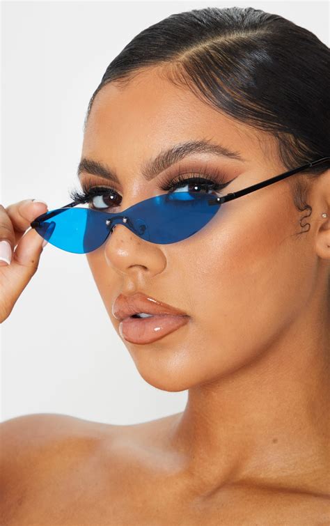 Neon Blue Tinted Frameless Slim Cat Eye Sunglasses Prettylittlething Usa