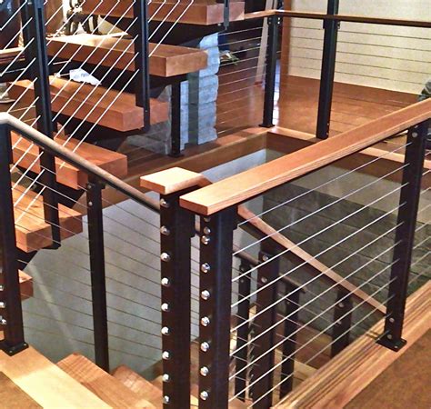 Custom Cable Rail With Wood Top Cap And Powder Coated Posts Staircase