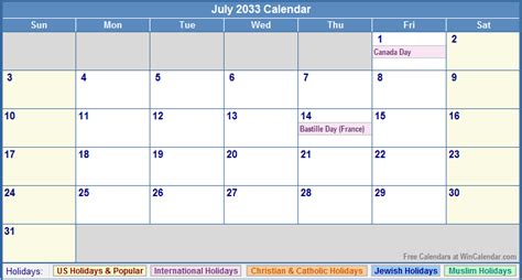 July 2033 Calendar With Holidays As Picture