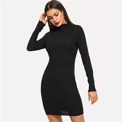new black dress women autumn bodycon dress sheath solid turtleneck long sleeve mini dresses