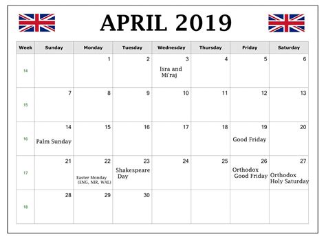 April 2019 United Kingdom Holidays Calendar Uk Calendar For April