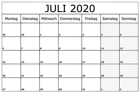 Frei Kalender Juli 2020 Mit Feiertagen