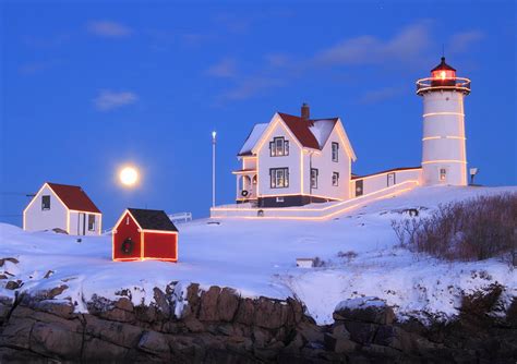 Nubble Lighthouse Full Moon And Holiday Lights Photograph By John Burk